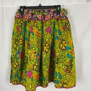 Karma Living Floral Cotton Midi Skirt Green Pink Pom Pom Trim L/XL Boho Smocked